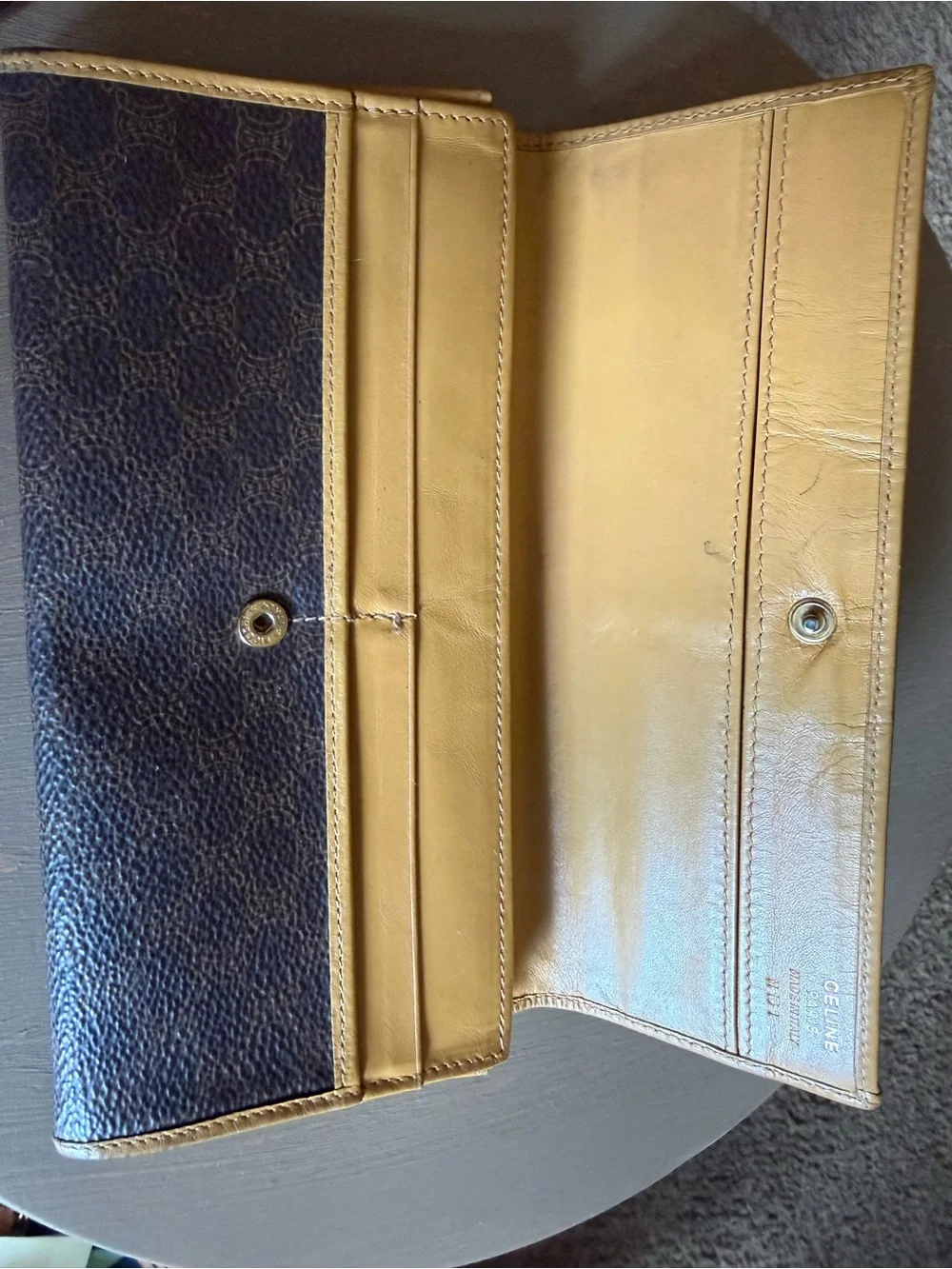Vintage Celine Brown Monogram Canvas with tan trim long wallet.